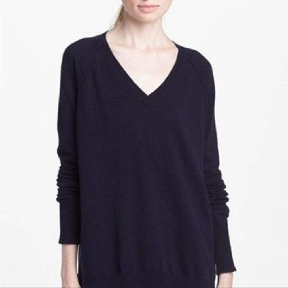 Vince oversized sweater cashmere wool blend black v neck silk trim fall winter